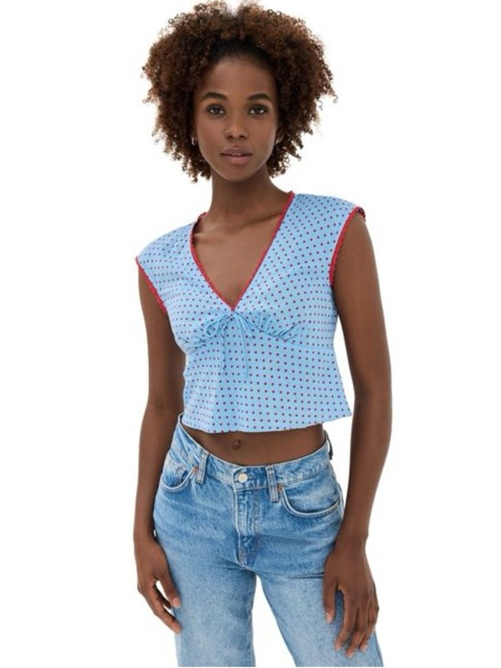 Reformation Blue Polka Dot V-Neck Camisole with Pink Trim - Picture 5 of 5